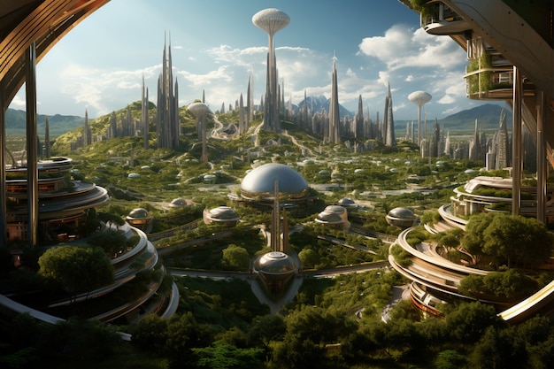 Free photo futuristic environmentally friendly city with green spaces