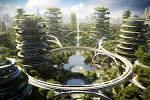 Free photo futuristic environmentally friendly city with green spaces