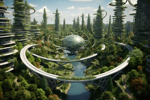 Futuristic environmentally friendly city with green spaces