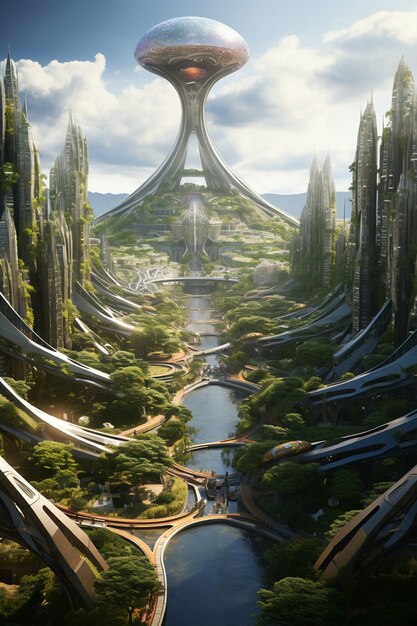 Futuristic environmentally friendly city with green spaces