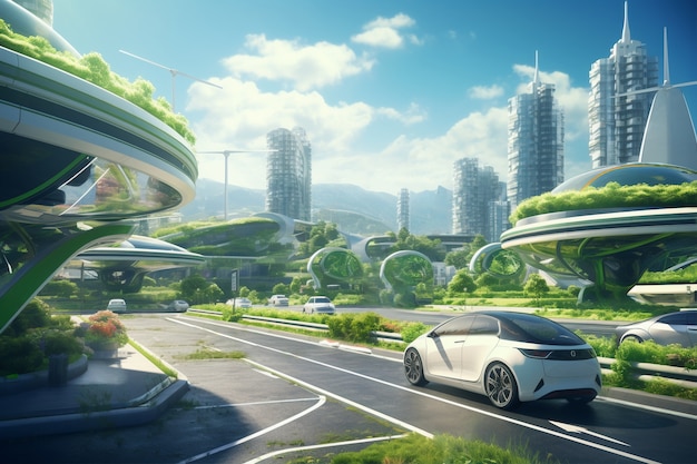 Futuristic environmentally friendly city with green spaces