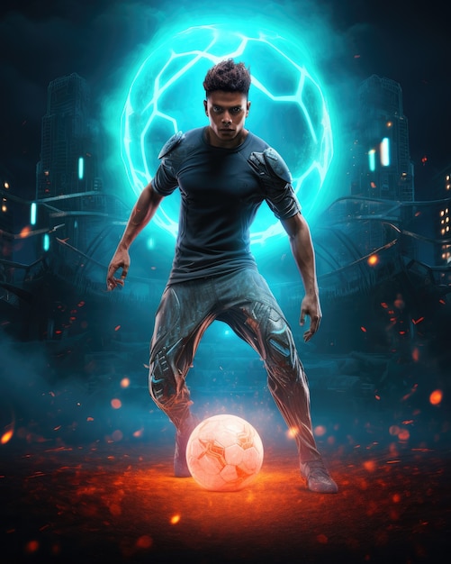 Futuristic football soccer player with glowing lights