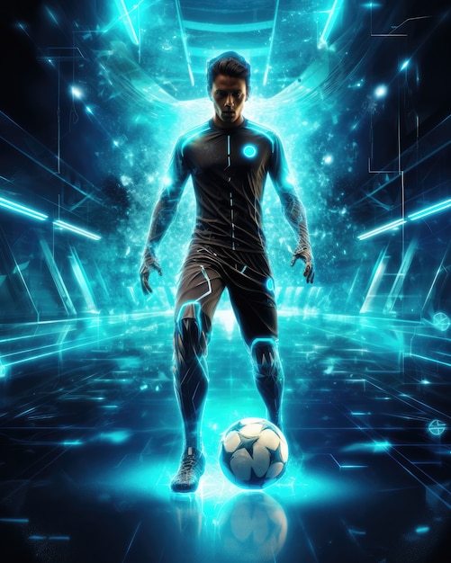 Futuristic football soccer player with glowing lights