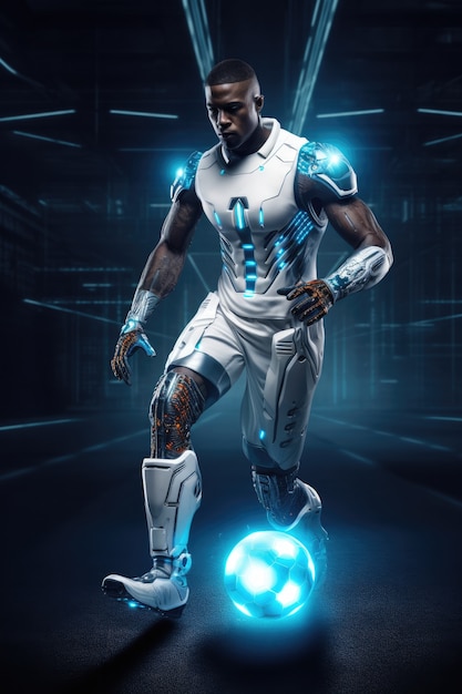 Futuristic football soccer player with glowing lights