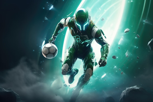 Futuristic football soccer player with glowing lights