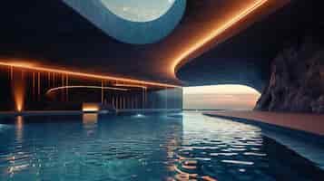 Free photo a futuristic geometrically designed pool with changing led lights