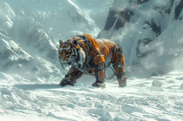 Futuristic half-robot tiger in nature