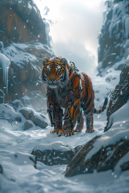 Free photo futuristic half-robot tiger in nature