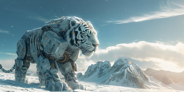 Futuristic half-robot tiger in nature