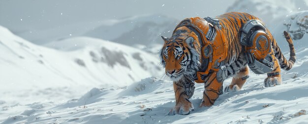 Futuristic half-robot tiger in nature