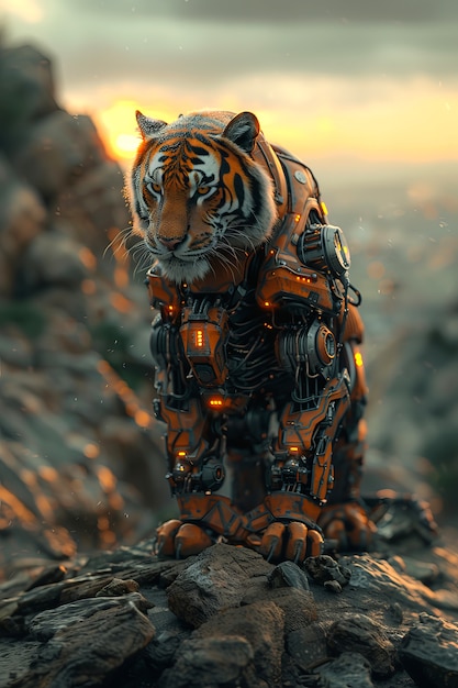 Free photo futuristic half-robot tiger in nature