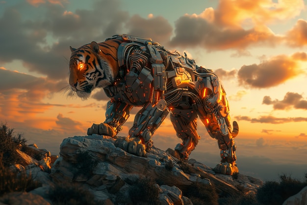 Futuristic half-robot tiger in nature