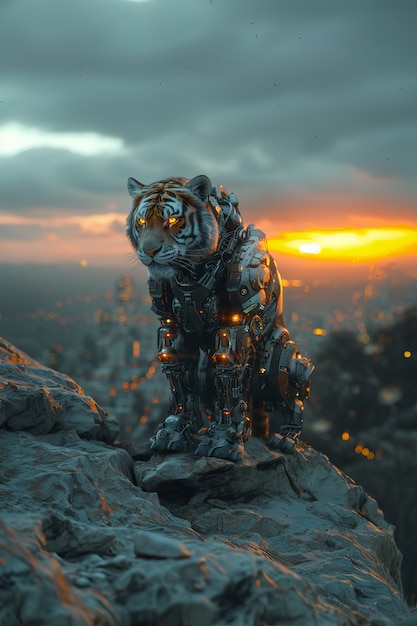 Futuristic half-robot tiger in nature