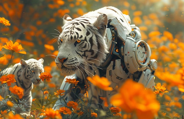 Free Photo futuristic half-robot tiger