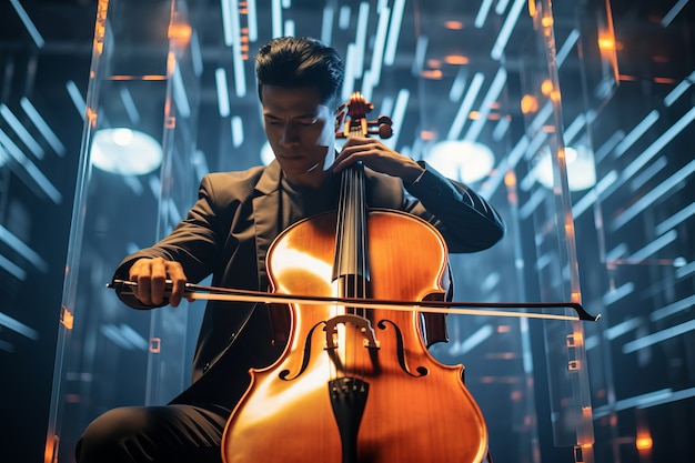 Futuristic musician making music with instrument