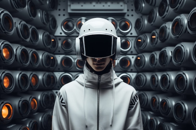 Free Photo futuristic person listening to music on ultra modern headphones