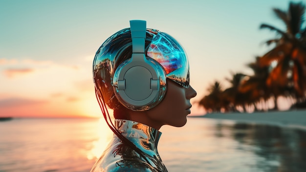 Free photo futuristic person listening to music on ultra modern headphones