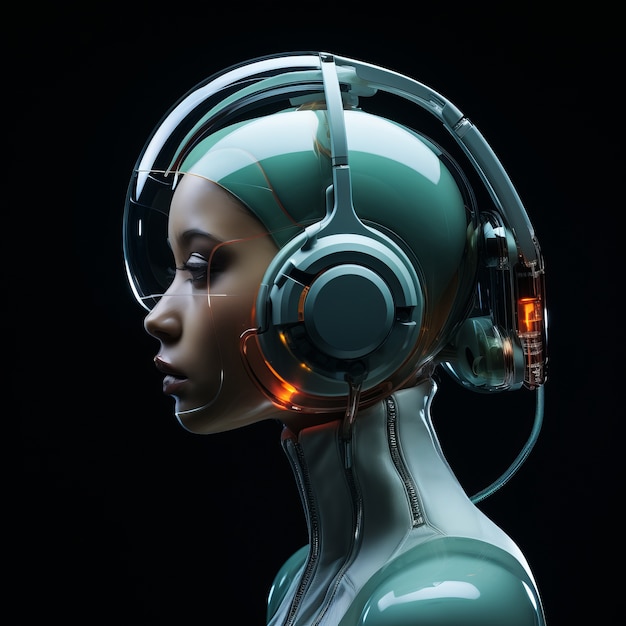 Futuristic person listening to music on ultra modern headphones