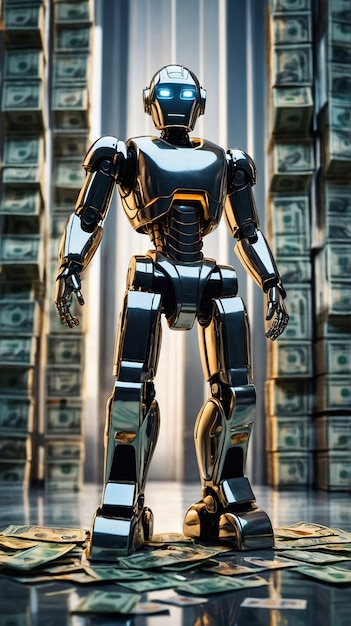 Futuristic robot interacting with money