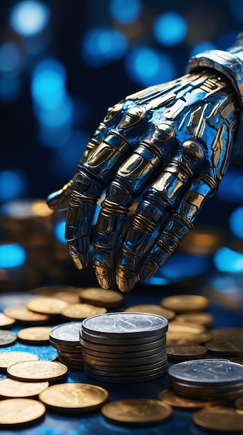 Futuristic robot interacting with money