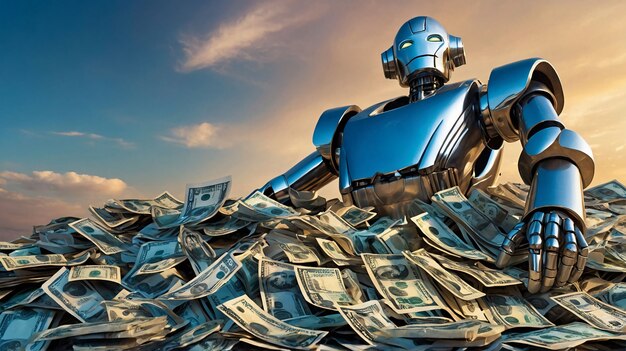 Futuristic robot interacting with money