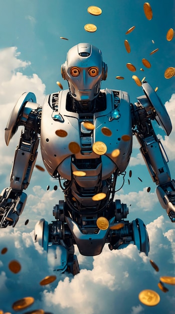 Free photo futuristic robot interacting with money