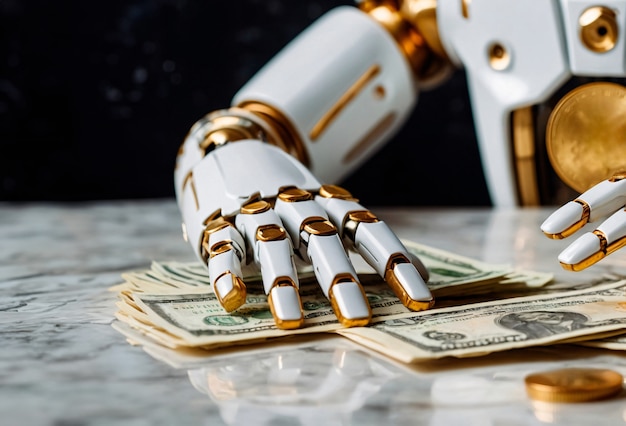 Free Photo futuristic robot interacting with money