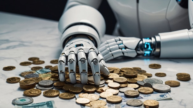 Free Photo futuristic robot interacting with money