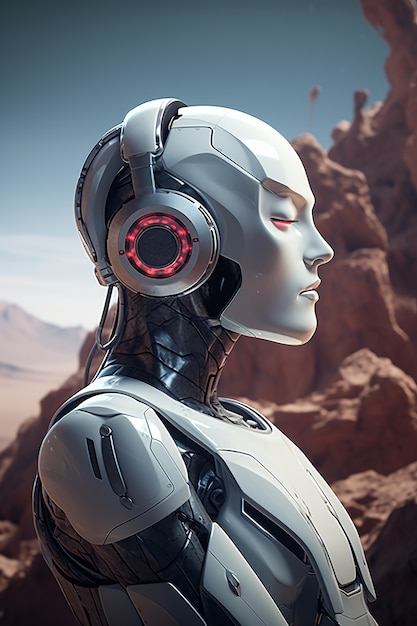 Free photo futuristic robot listening to music on headphones