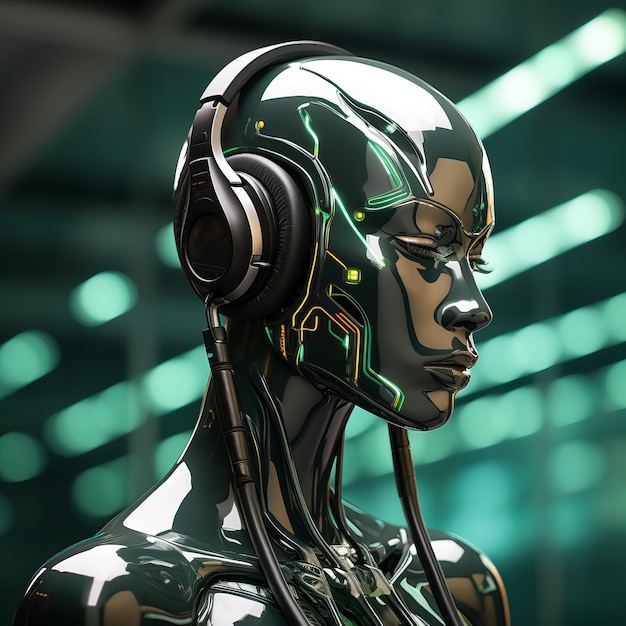 Futuristic robot listening to music on headphones