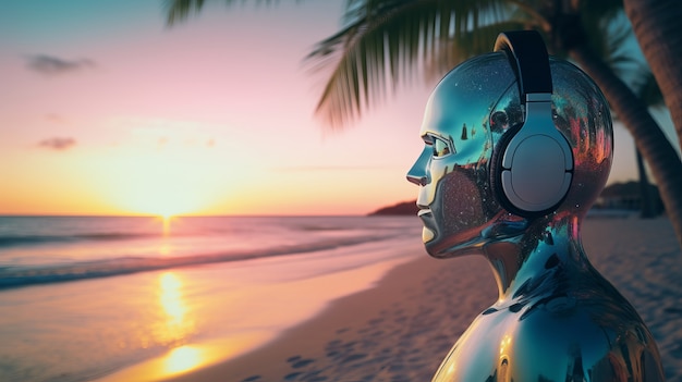 Futuristic robot listening to music on headphones