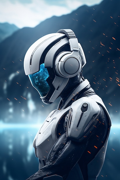 Futuristic robot listening to music on headphones