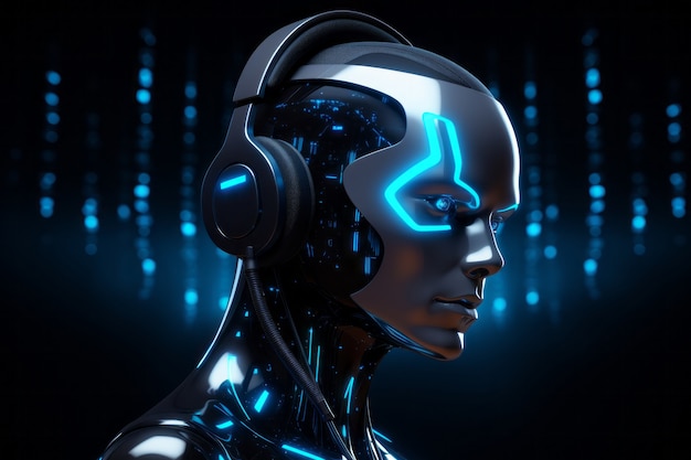 Futuristic robot listening to music on headphones