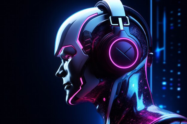 Futuristic robot listening to music on headphones