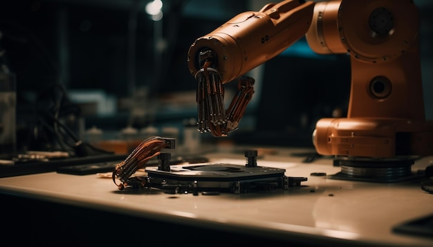 Free photo futuristic robotic arm turning metal in workshop generated by ai