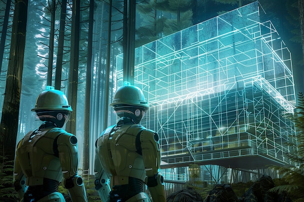 Futuristic scene with high-tech robot used in the construction industry