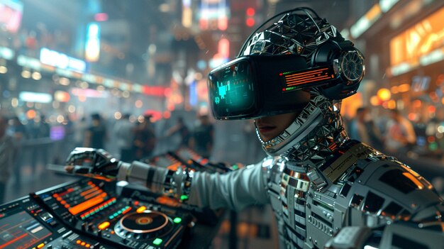 Futuristic set with dj in charge of music using virtual reality glasses