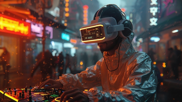 Futuristic set with dj in charge of music using virtual reality glasses