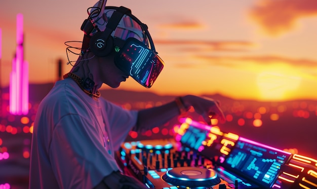 Futuristic set with dj in charge of music using virtual reality glasses