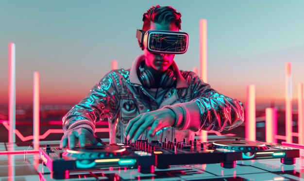 Futuristic set with dj in charge of music using virtual reality glasses