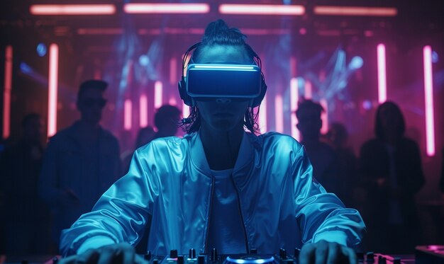 Futuristic set with dj in charge of music using virtual reality glasses