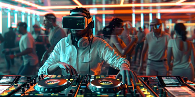 Futuristic set with dj in charge of music using virtual reality glasses