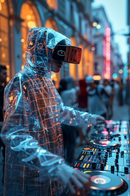 Free photo futuristic set with dj in charge of music using virtual reality glasses