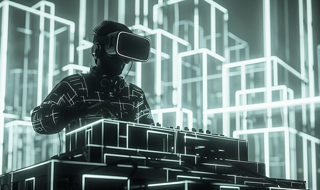 Futuristic set with dj in charge of music using virtual reality glasses