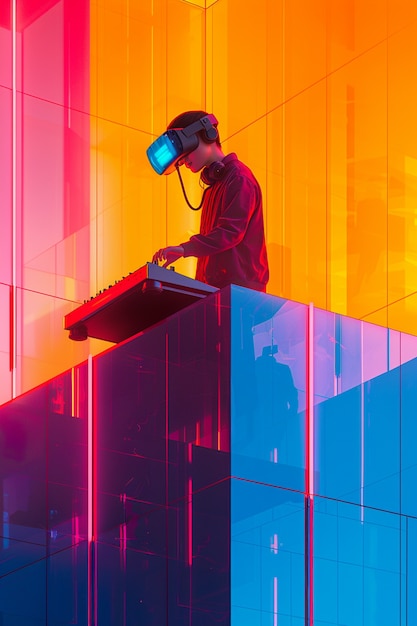 Free photo futuristic set with dj in charge of music using virtual reality glasses