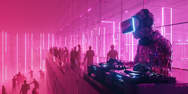 Free photo futuristic set with dj in charge of music using virtual reality glasses