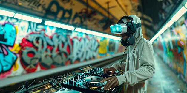 Futuristic set with dj in charge of music using virtual reality glasses