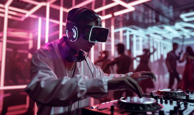 Free Photo futuristic set with dj in charge of music using virtual reality glasses