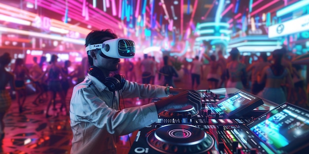 Free photo futuristic set with dj in charge of music using virtual reality glasses