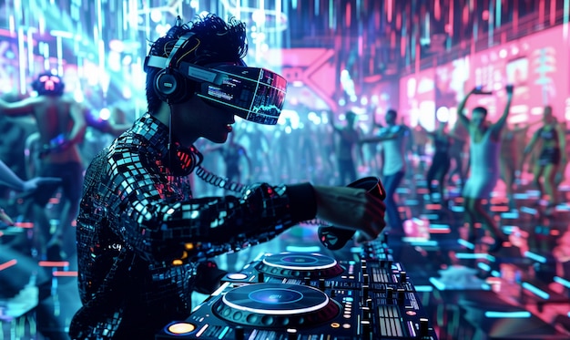 Futuristic set with dj in charge of music using virtual reality glasses